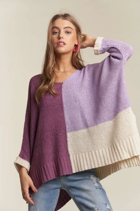 ADORA Side Slit Color Block Long Sleeve Sweater