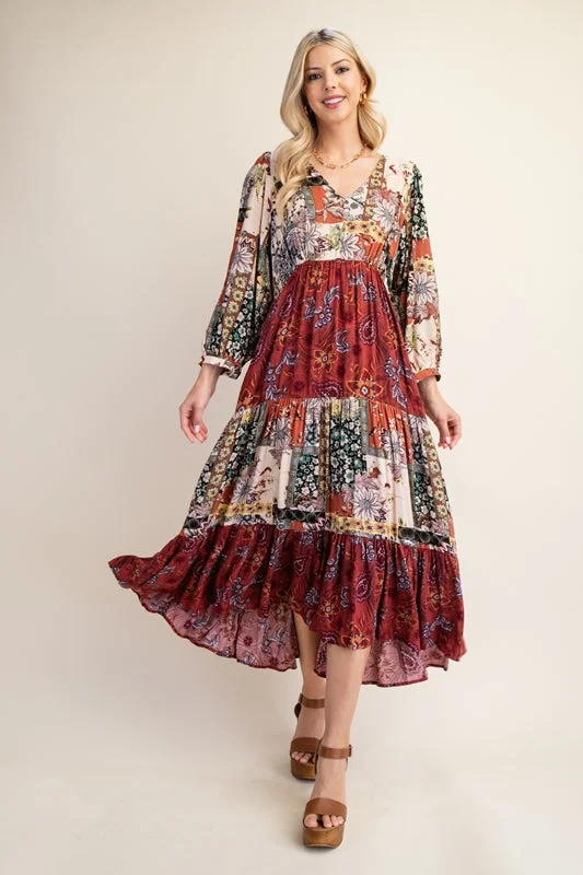 Gigio Boho Mixed Flower Print Midi Dress - Marsala