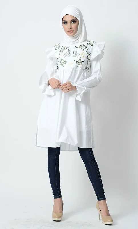 Leaf Embroidered And Ruffled Tunic