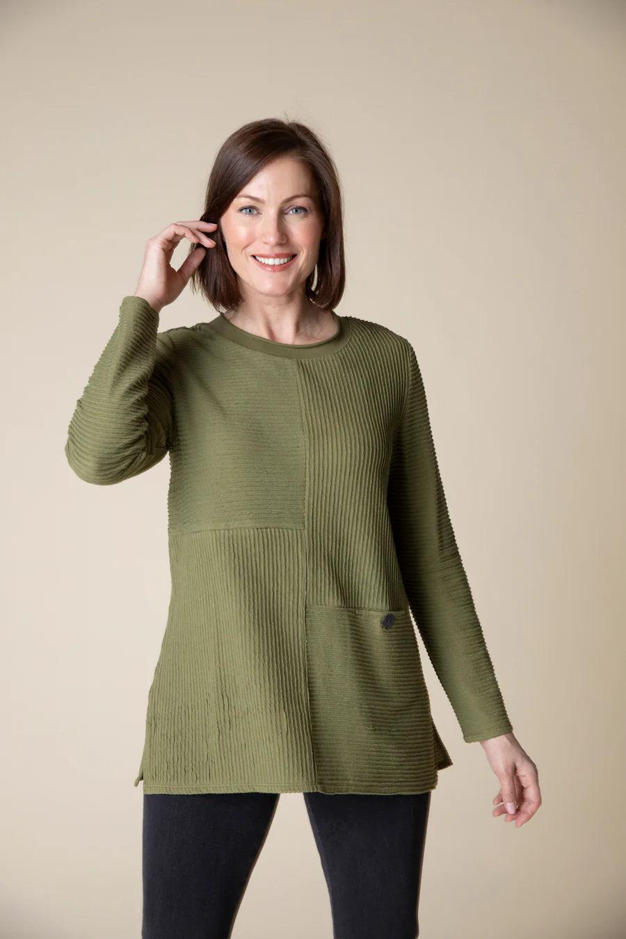 Habitat Fall/Winter Sale, 16011 Seamed Pocket Tunic, Olive 50% Off Regular Prce