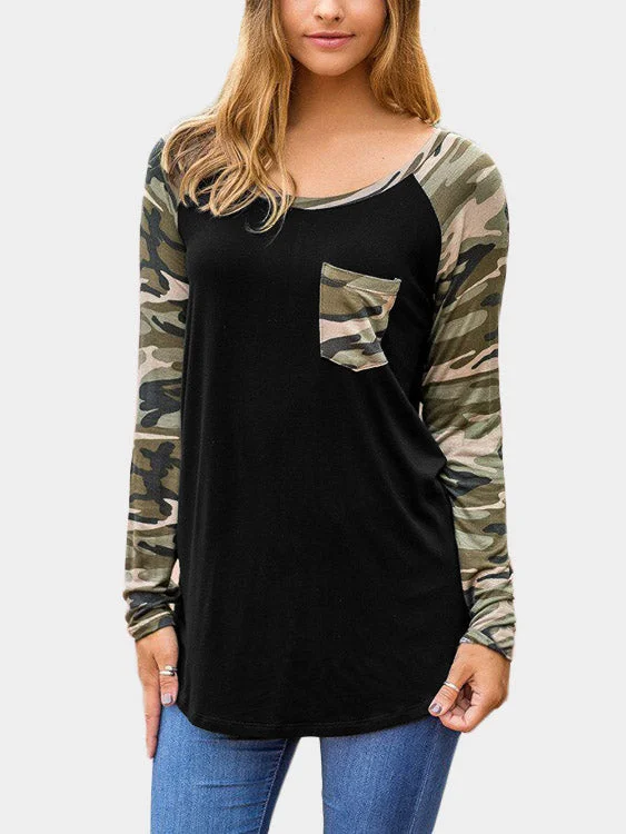 Custom Round Neck Camouflage Long Sleeve Black T-Shirt