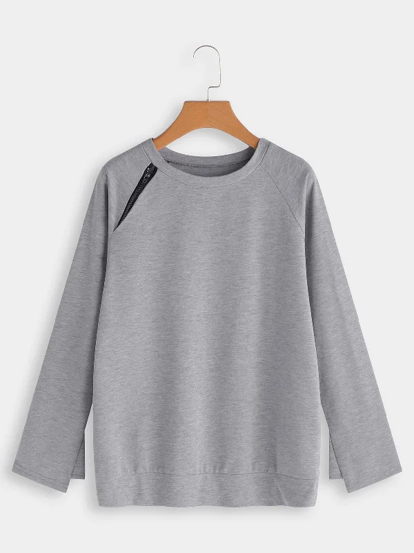 Custom Crew Neck Plain Zip Back Long Sleeve Grey T-Shirts