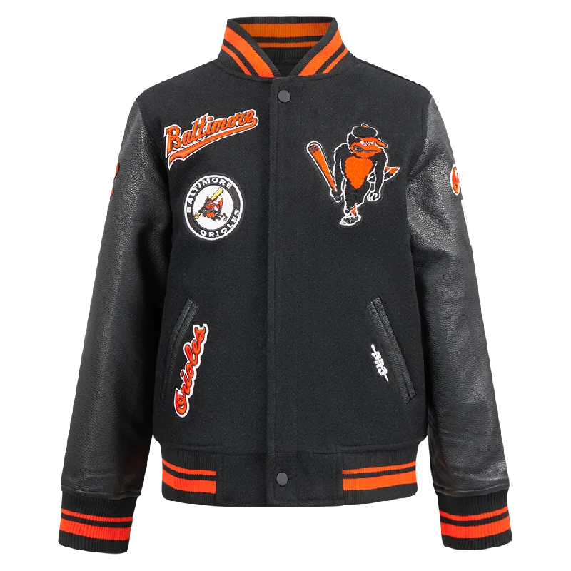 BALTIMORE ORIOLES RETRO CLASSIC BIG BOYS RIB WOOL VARSITY JACKET (BLACK/ORANGE)