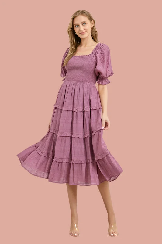 Polagram Tiered Smocked Midi Dress - Blueberry Lavender