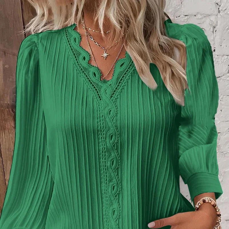 Casual Long Sleeve V-Neck Lace Patchwork Blouse Wholesale Womens Tops