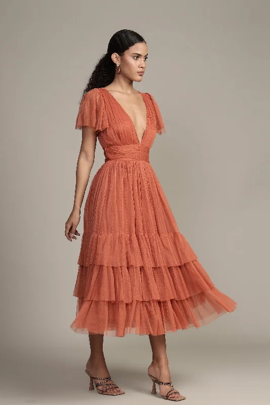 Madison Terracotta Pink Tulle Bridesmaid Midi Dress