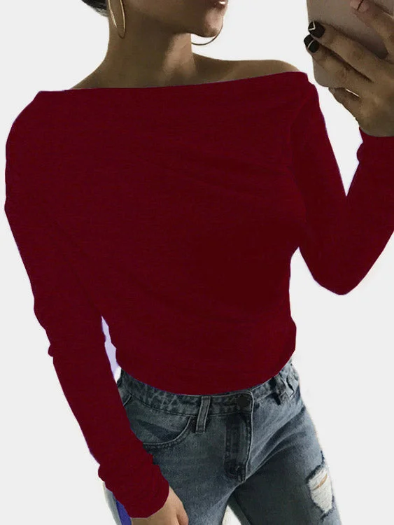 Custom Scoop Neck Plain Long Sleeve Irregular Hem Burgundy T-Shirts