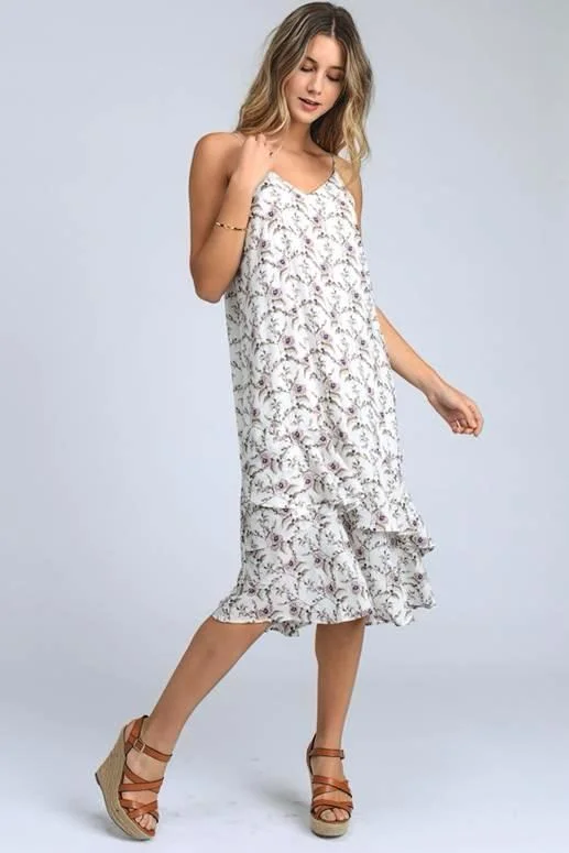 Doe & Rae Small Flowers Ruffle Midi Dress - Ivory