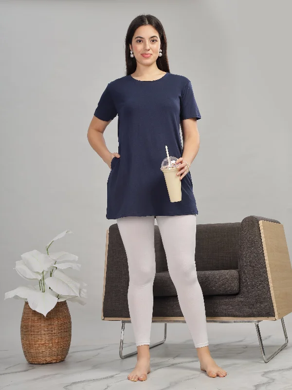 Navy Blue Long Cotton T-Shirt for Women With Everyday Style