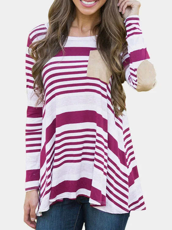 Custom Round Neck Stripe Side Pockets Long Sleeve Irregular Hem Plum T-Shirts