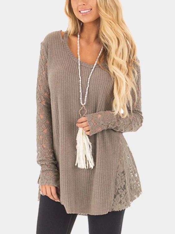 Custom Round Neck Lace Hollow Long Sleeve Khaki Top