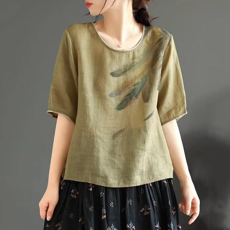 Women Summer Loose Retro Print Linen T-Shirt