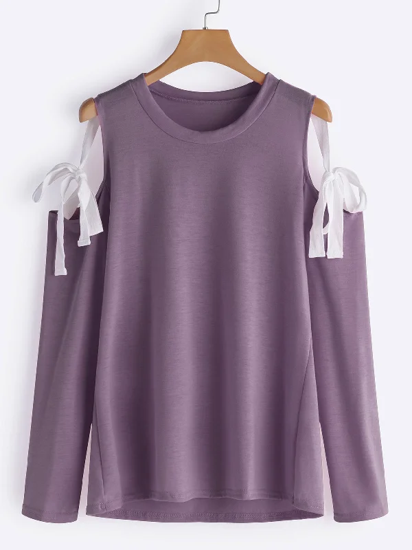 Custom Round Neck Cold Shoulder Lace-Up Long Sleeve Purple T-Shirts