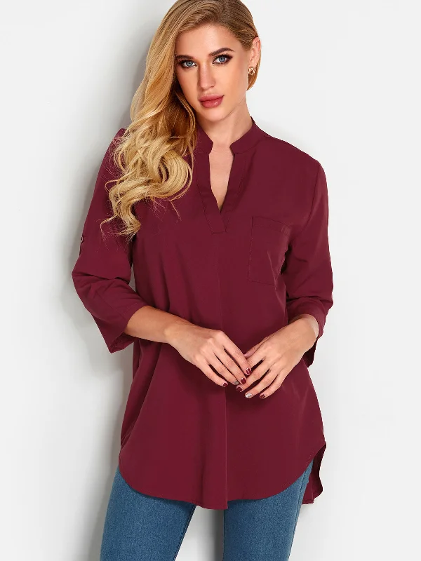 Custom V-Neck 3/4 Sleeve Irregular Hem Burgundy T-Shirts