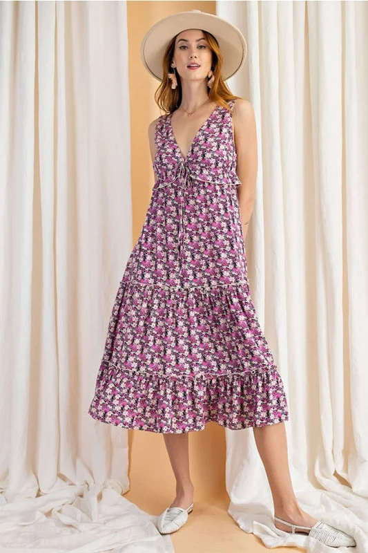 Easel Garden Party Midi Dress - Lilac Combo