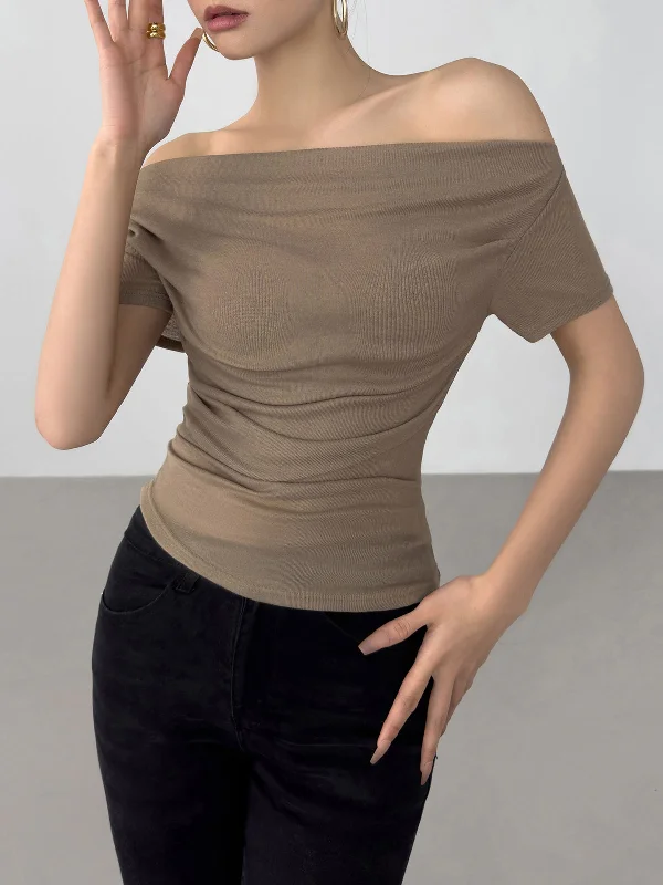 TastyHottie - Off Shoulder Ruched Short Sleeve Shirt