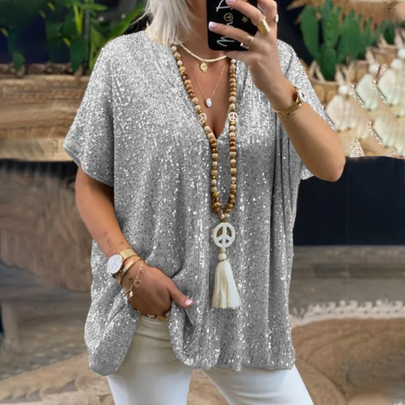 Casual Loose Sequined V-Neck Short Sleeve T-Shirt Wholesale Womens Clothing N3823111600004