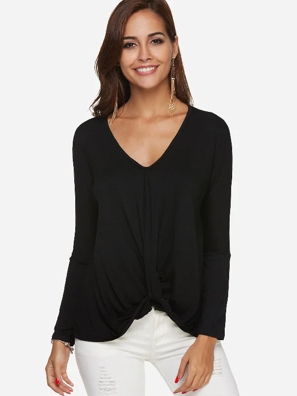 Custom V-Neck Plain Crossed Front Long Sleeve Black T-Shirt