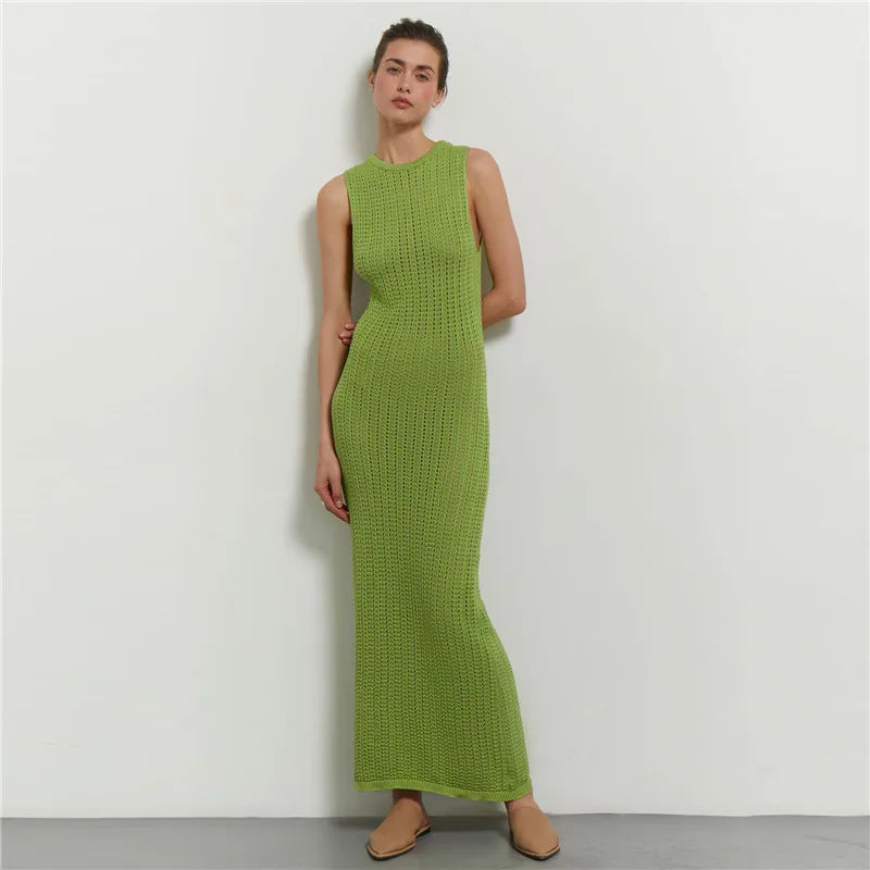 Green Knitted Summer Sexy Hollow Out Sleeveless Maxi Dress