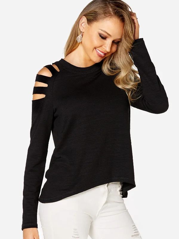 Custom Cold Shoulder Lace-Up Long Sleeve Irregular Hem Black T-Shirt