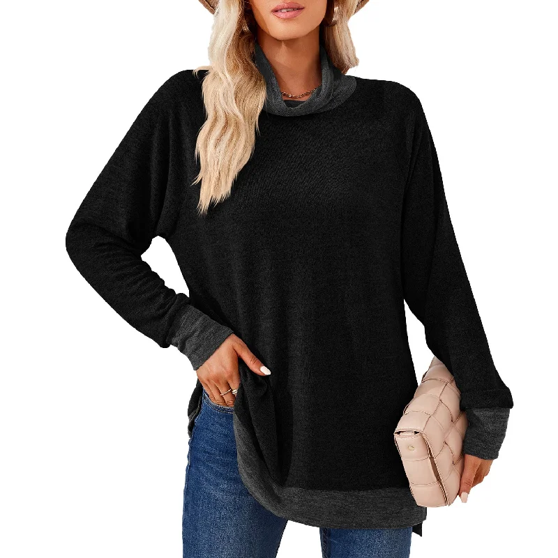 Scarf Collar Color Block Long Sleeve Loose T-Shirt Top Wholesale Womens Clothing N3823112800047